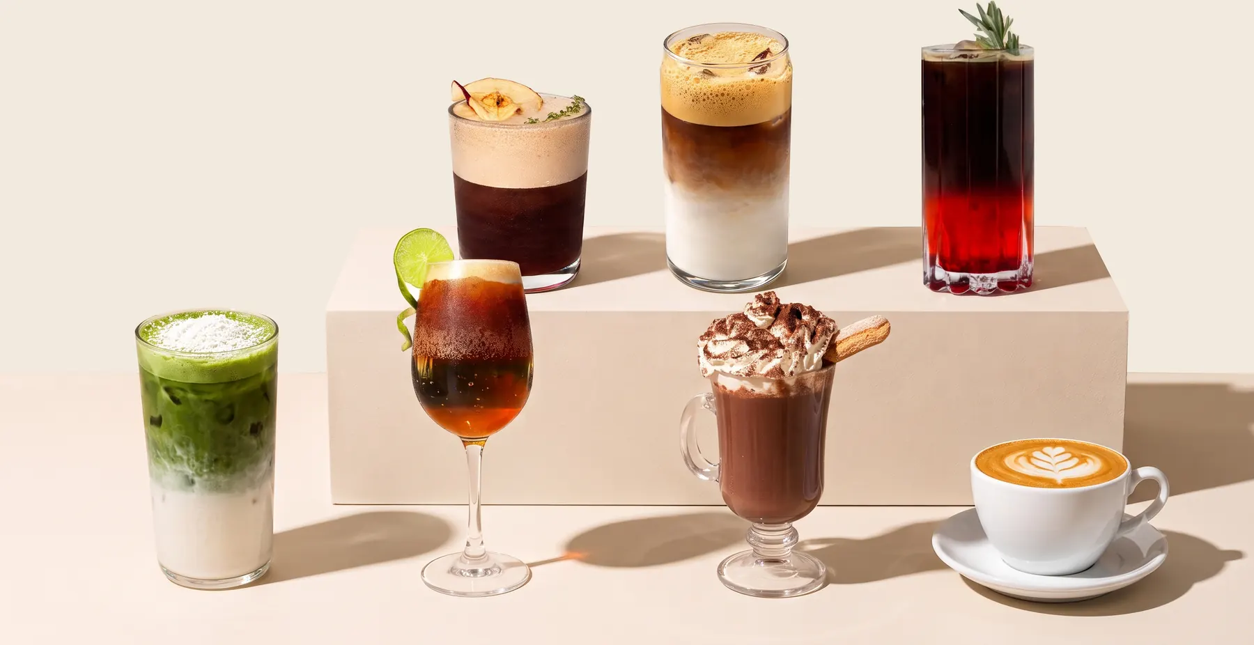 Seven Neura signature drinks including iced matcha, espresso tonic, hot chocolate and hibiscus cold brew